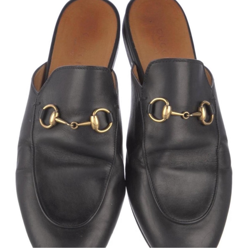 Gucci Black Leather Mules with Gold Accents